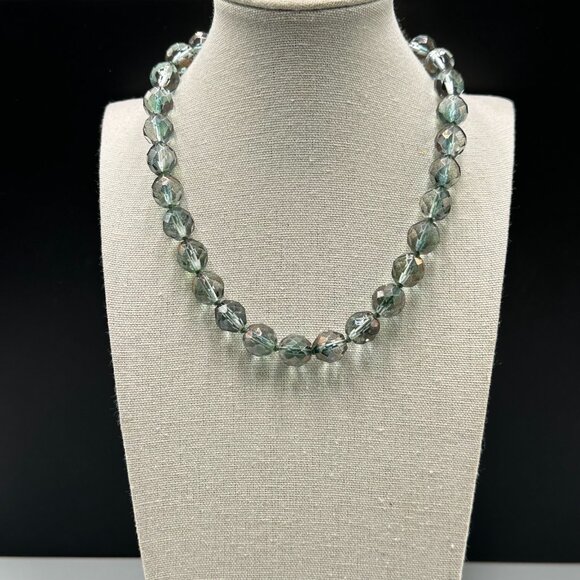 Smoky Gray Green Faceted Bead Necklace Iridescent Glass Statement 14.5 Inch - Picture 2 of 8